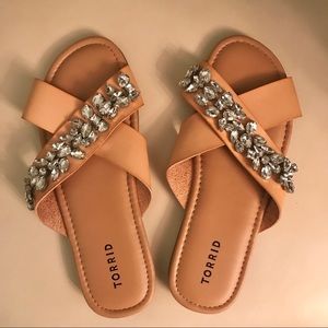 Torrid Tan Slides with Rhinestone Detail, Wide Fit